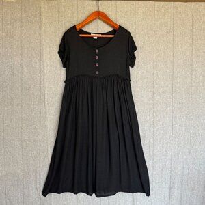 90s Vintage Caron Joy Black Rayon Cap Sleeve Empire Waist Long Midi Dress Size M